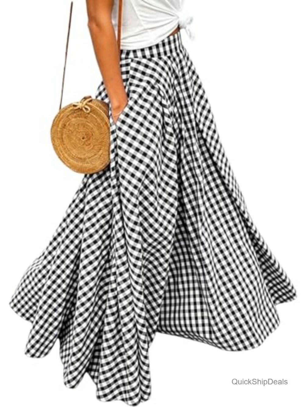 Plaid Gingham Maxi Skirt Elastic Waist Pleated A-Line with Pockets